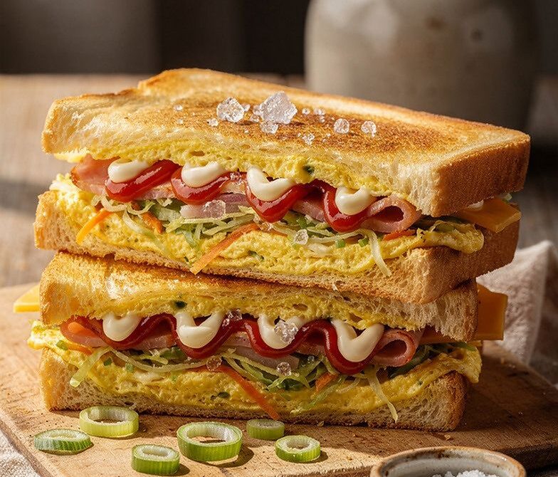 Korean Street Toast with Cabbage Egg Patty and Sweet Sauce