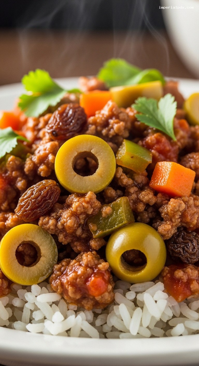Latin-Style Beef Picadillo with Raisins and Olives – Closeup