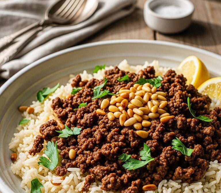 Lebanese Beef and Rice Hashweh with Pine Nuts