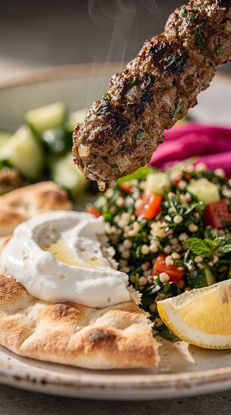Lebanese Kofta Kebab Platter With Toum, Tabbouleh, and Flatbreads – Closeup