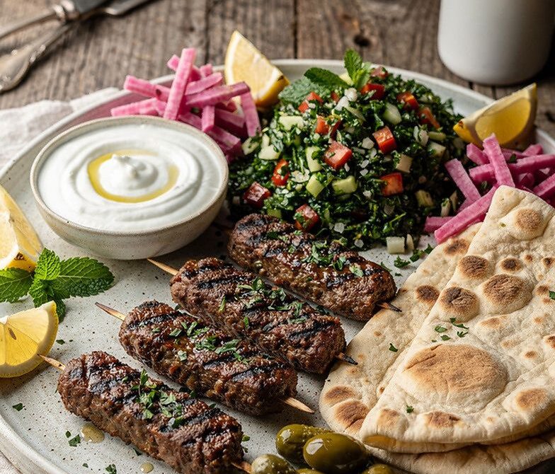 Lebanese Kofta Kebab Platter With Toum, Tabbouleh, and Flatbreads