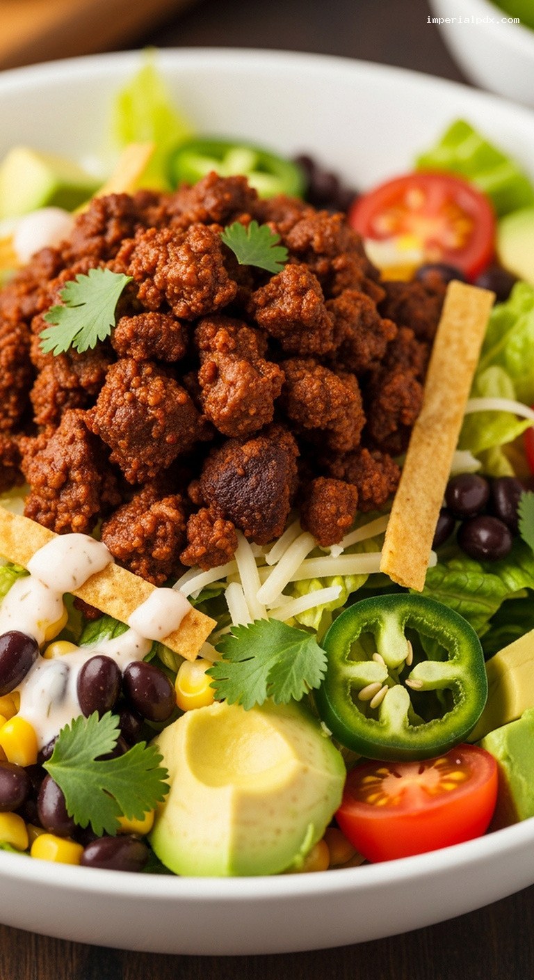 Loaded Beef Taco Salad with Black Beans and Corn – Closeup