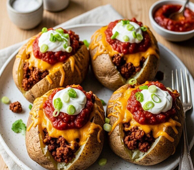 Loaded Beef Taco-Stuffed Baked Potatoes
