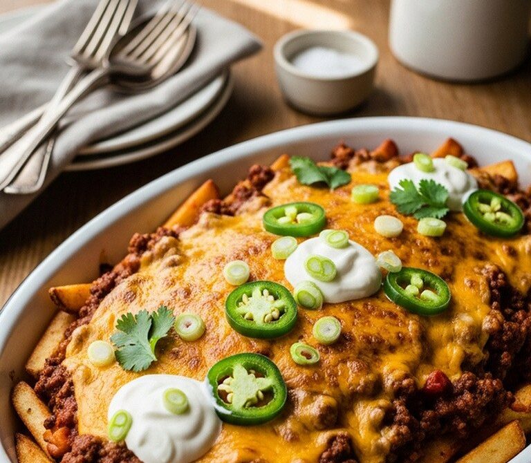 Loaded Chili Cheese Fries With Ground Beef and Jalapeños