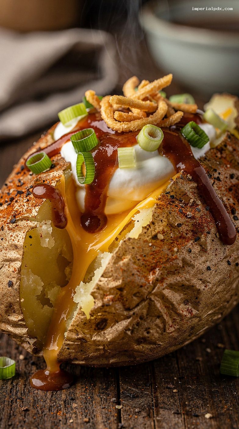 Loaded Smoked Baked Potatoes With Cheddar and BBQ Drizzle – Closeup