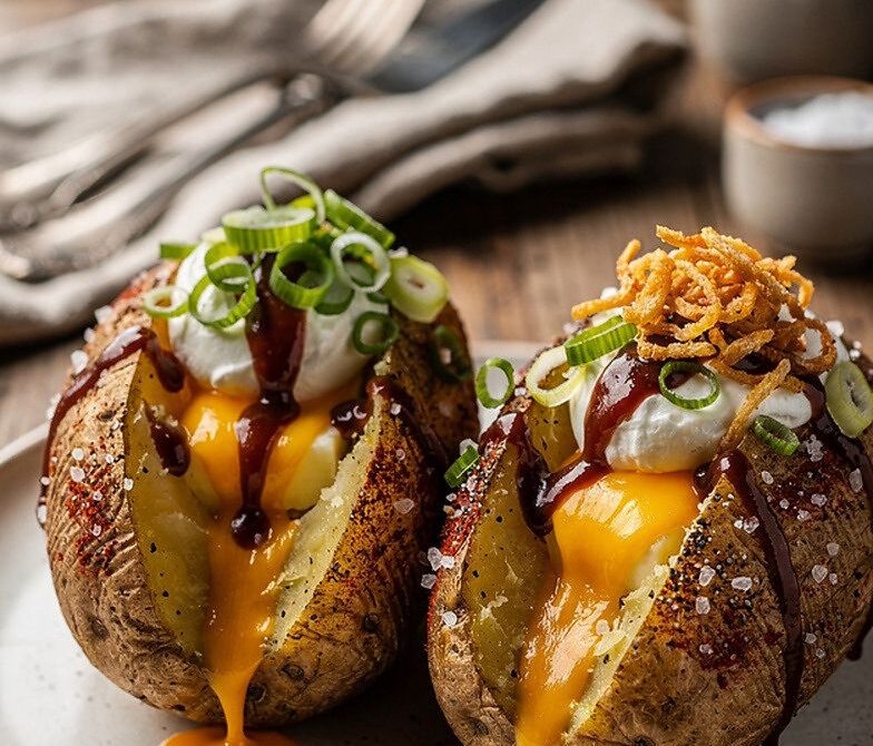 Loaded Smoked Baked Potatoes With Cheddar and BBQ Drizzle