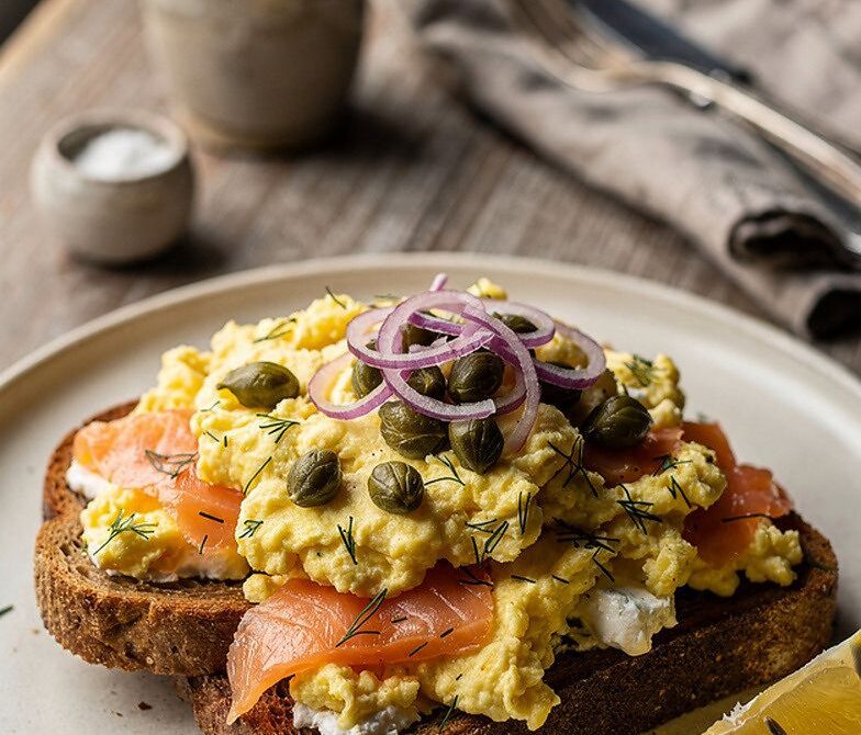 Lox and Eggs Scramble Toast with Dill and Capers