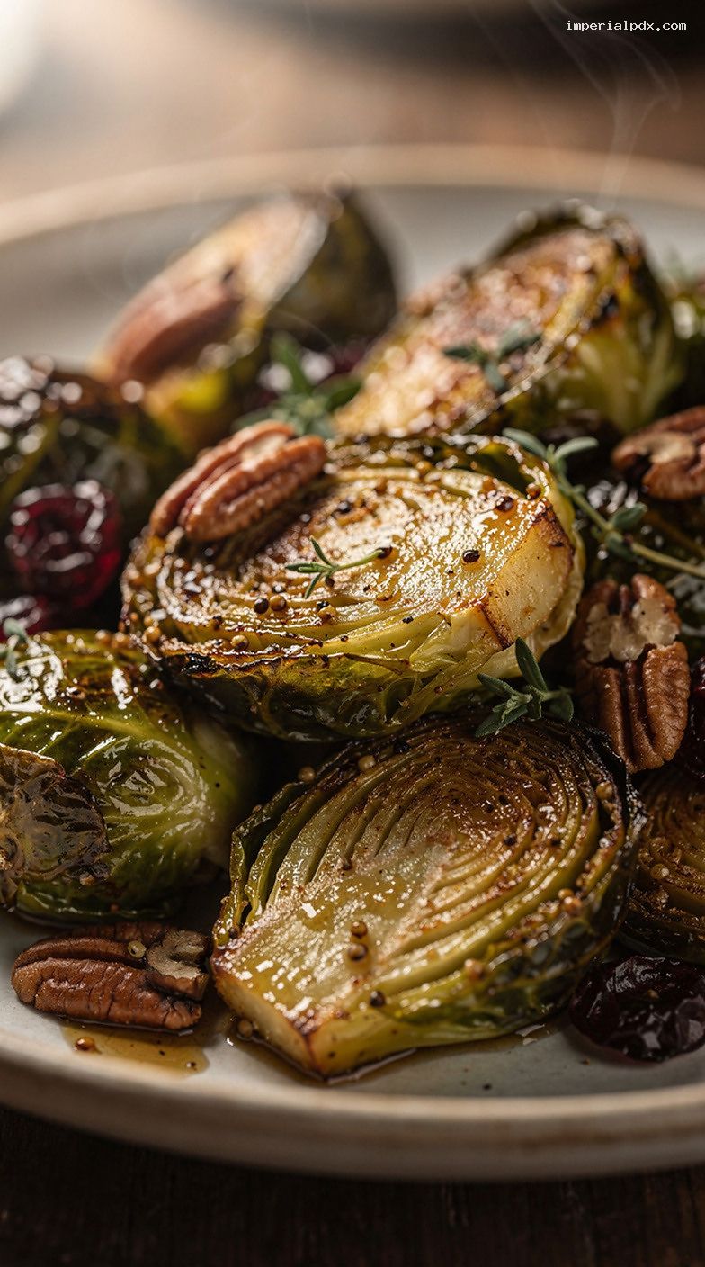Maple Dijon Roasted Brussels Sprouts With Pecans and Cranberries – Closeup