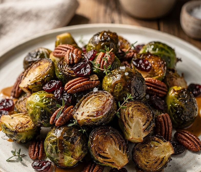 Maple Dijon Roasted Brussels Sprouts With Pecans and Cranberries