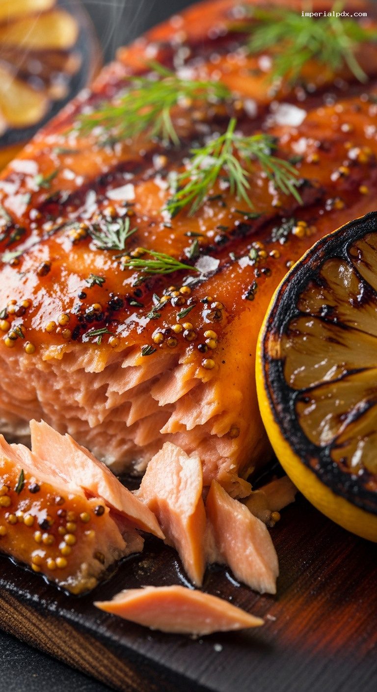 Maple-Glazed Cedar-Plank Grilled Salmon With Charred Lemon – Closeup