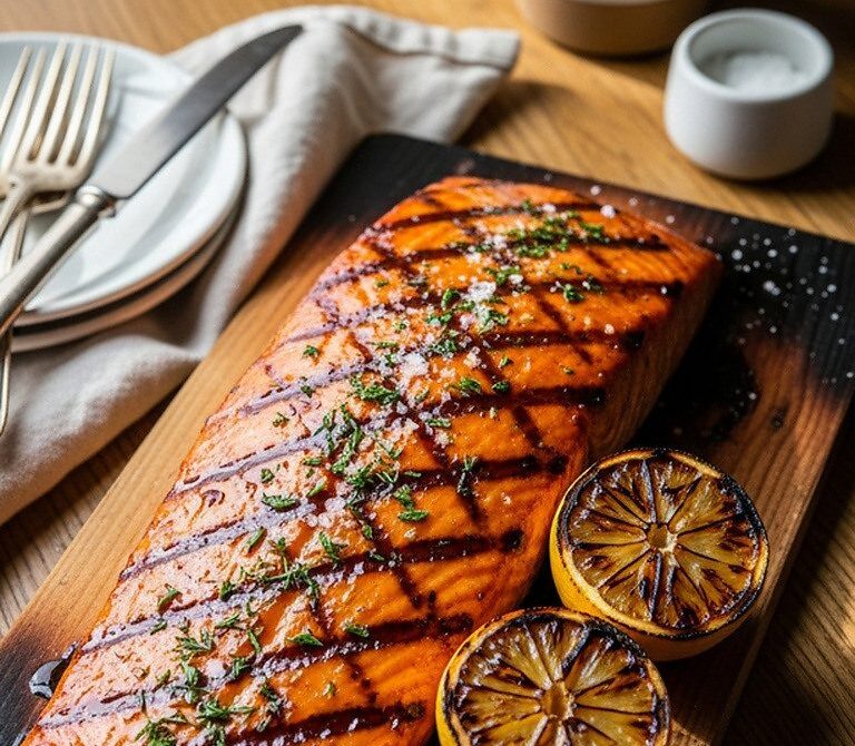 Maple-Glazed Cedar-Plank Grilled Salmon With Charred Lemon