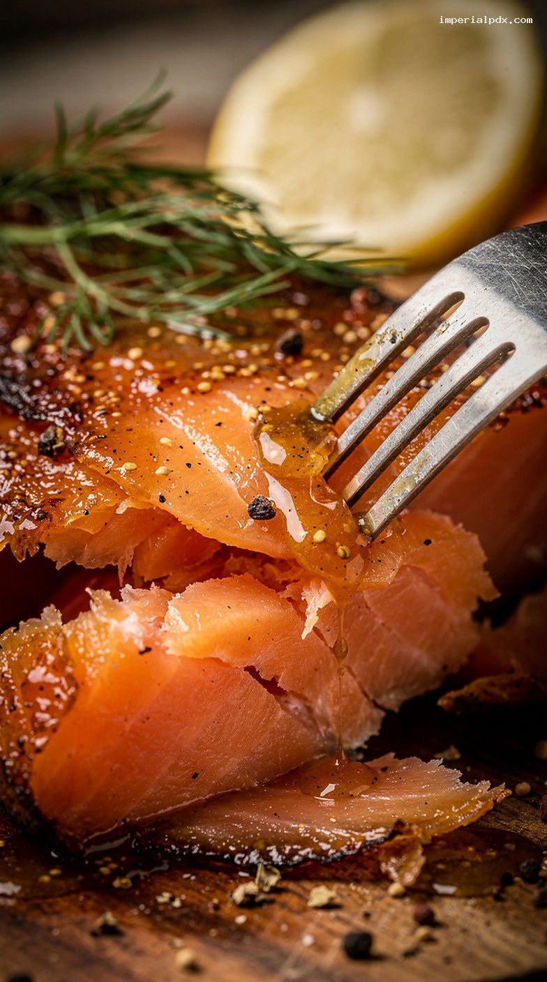 Maple-Mustard Glazed Smoked Salmon with Lemon and Dill – Closeup