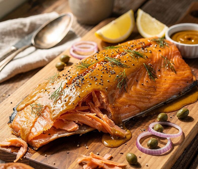 Maple-Mustard Glazed Smoked Salmon with Lemon and Dill