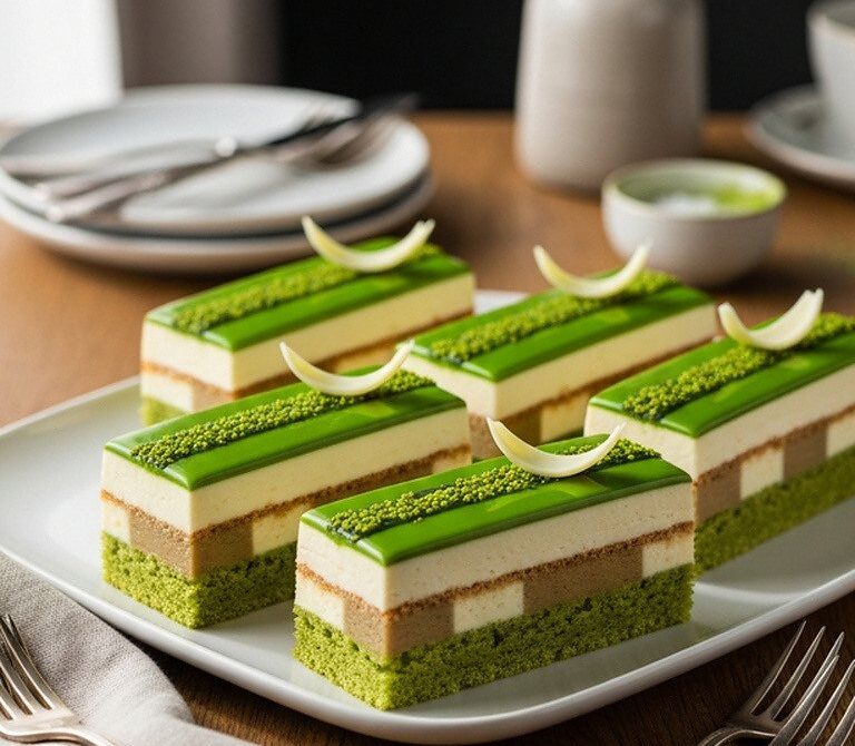 Matcha Vanilla Opera Cake With White Chocolate Ganache