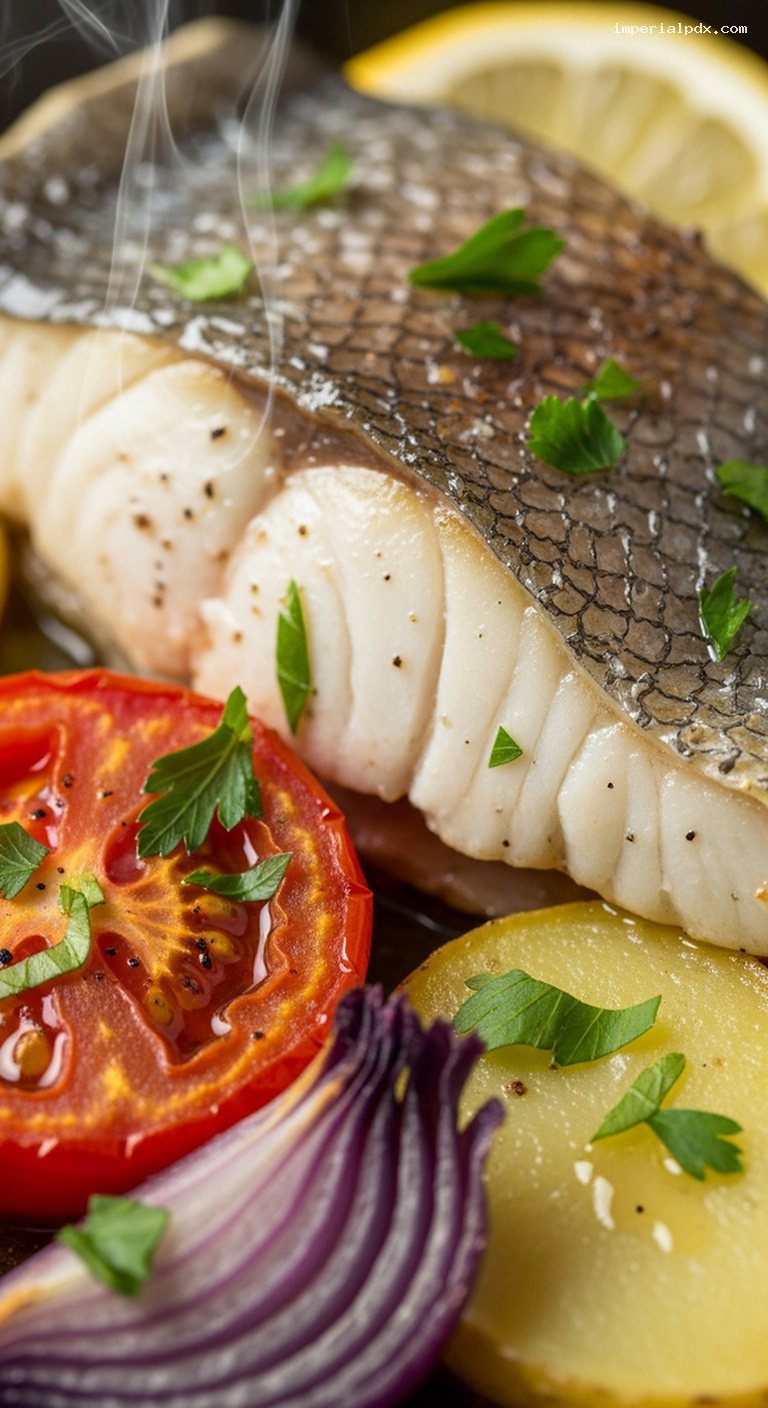 Mediterranean Baked Whole Sea Bass with Tomato and Lemon – Closeup
