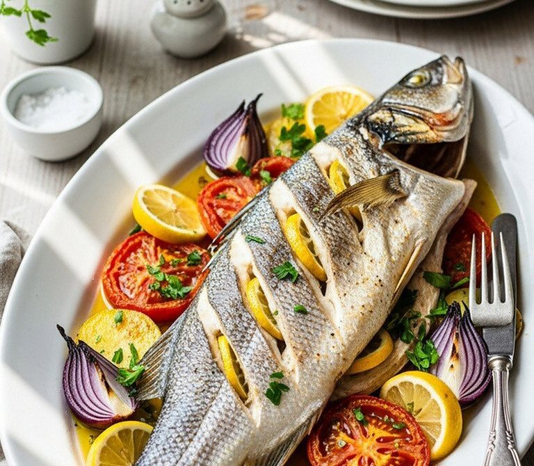 Mediterranean Baked Whole Sea Bass with Tomato and Lemon