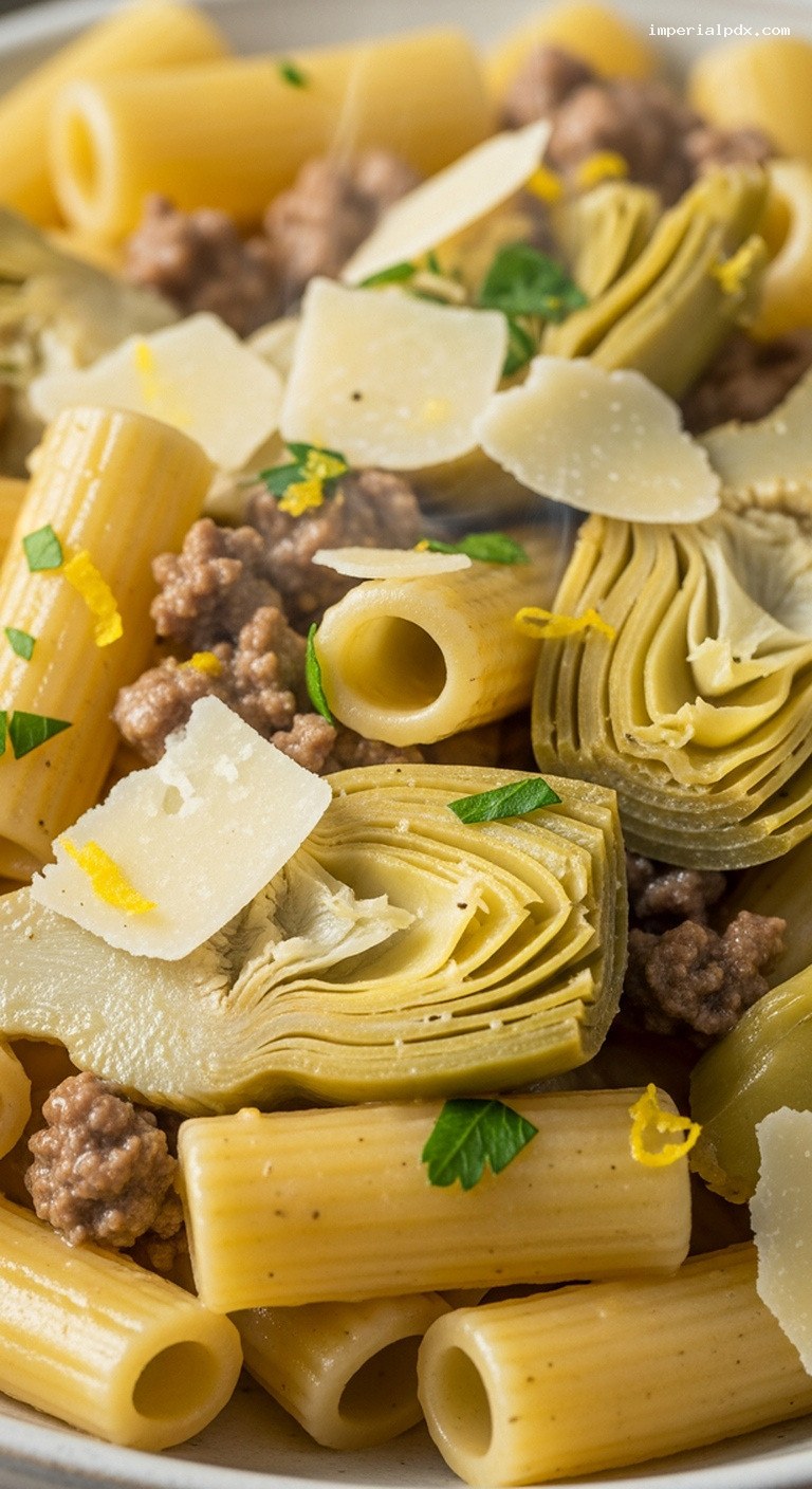 Mediterranean Beef and Artichoke Pasta Skillet – Closeup