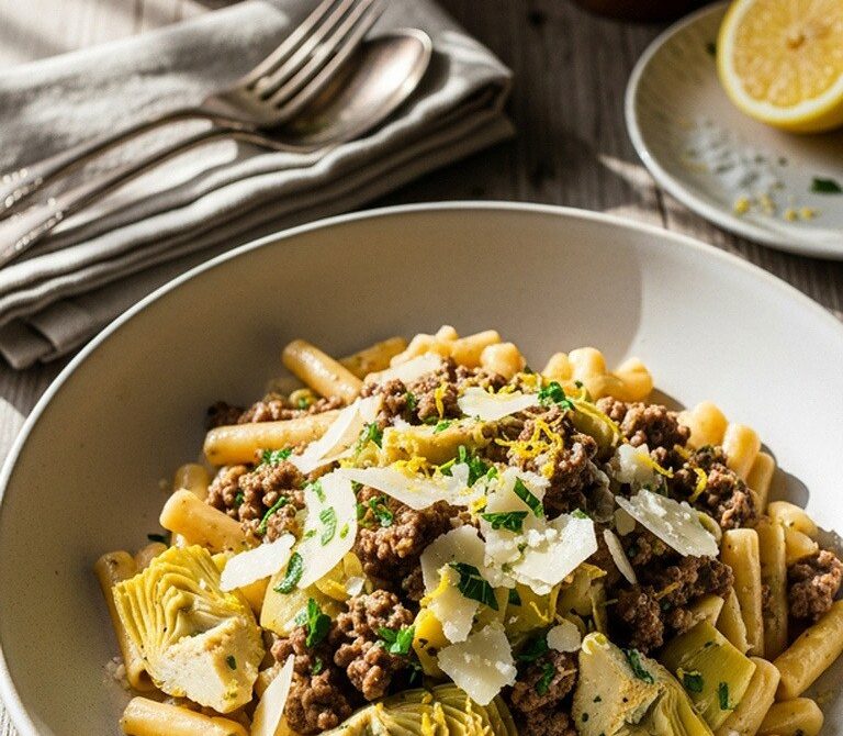Mediterranean Beef and Artichoke Pasta Skillet