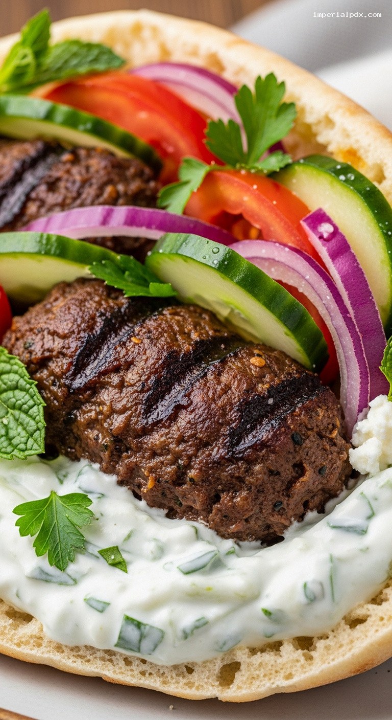 Mediterranean Beef Kofta Pitas with Tzatziki and Fresh Veggies – Closeup