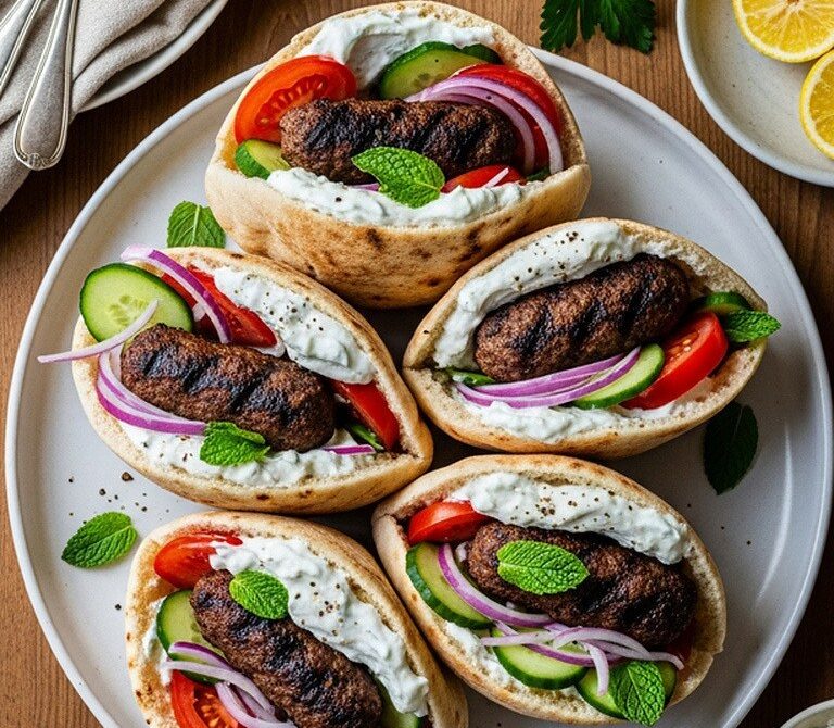 Mediterranean Beef Kofta Pitas with Tzatziki and Fresh Veggies