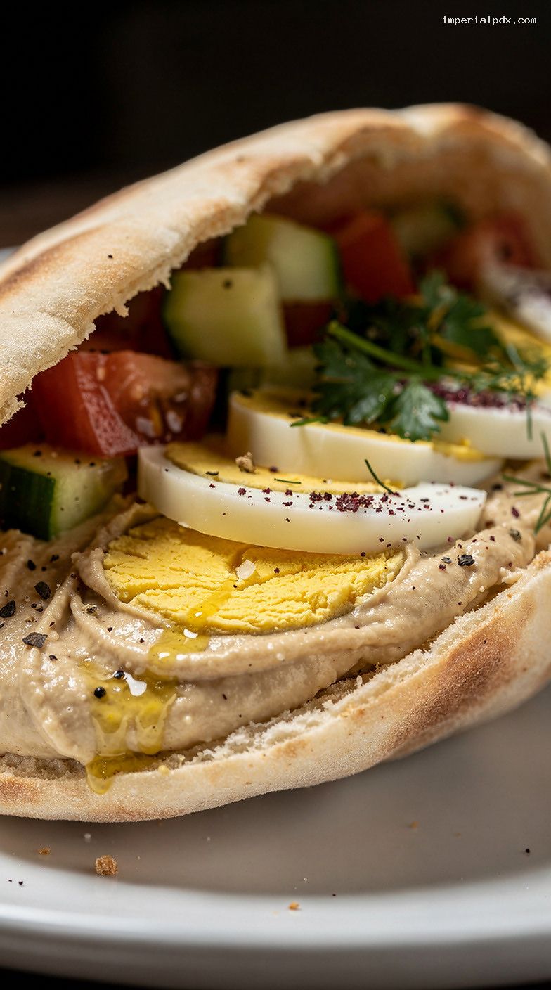 Mediterranean Breakfast Pitas With Hummus, Veggies, and Eggs – Closeup