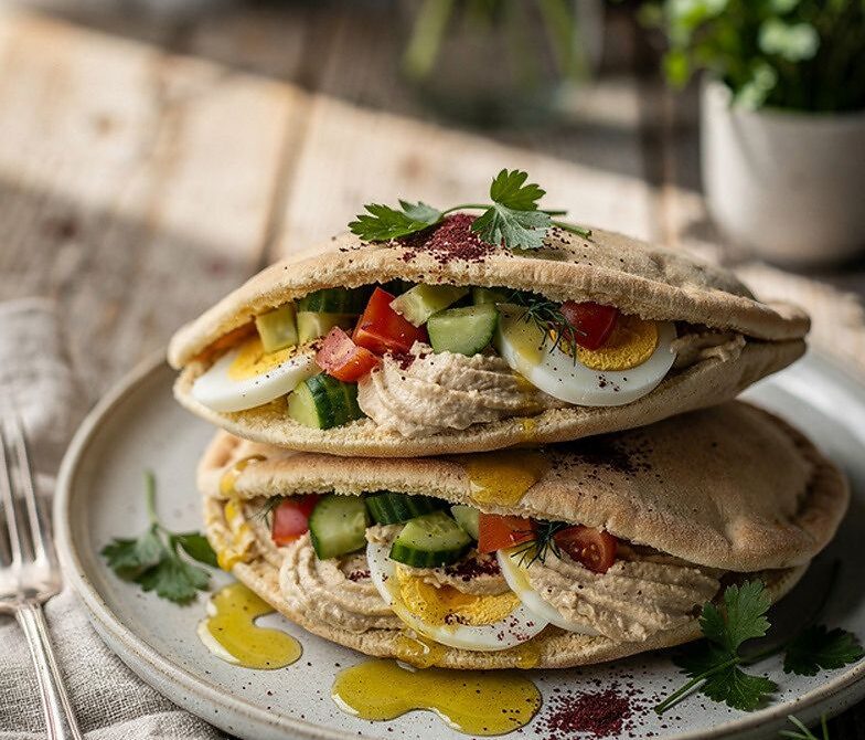 Mediterranean Breakfast Pitas With Hummus, Veggies, and Eggs