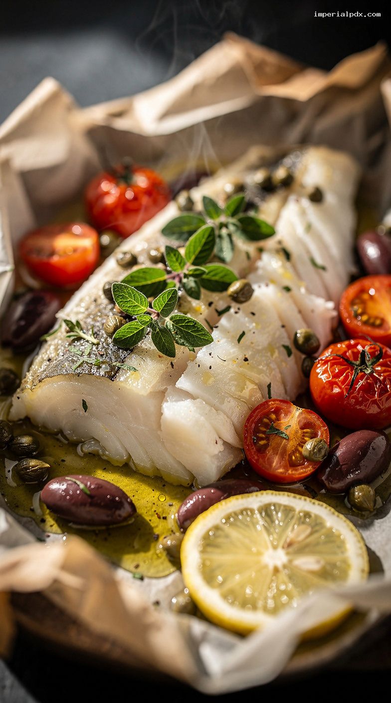 Mediterranean Cod En Papillote With Tomatoes, Olives, And Capers – Closeup
