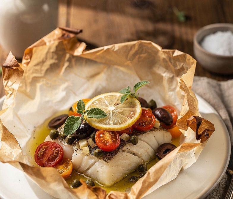 Mediterranean Cod En Papillote With Tomatoes, Olives, And Capers
