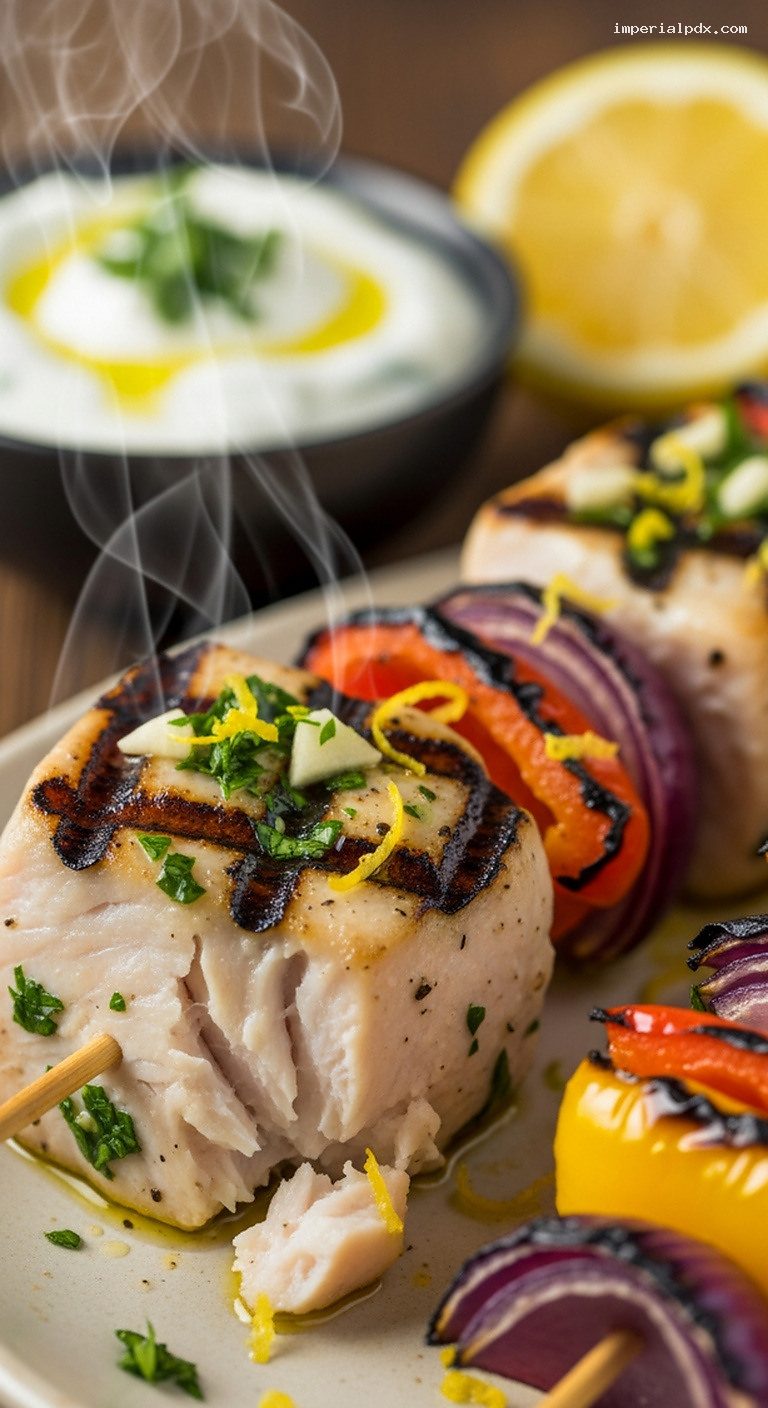 Mediterranean Fish Kebabs With Lemon-Parsley Gremolata and Yogurt Sauce – Closeup