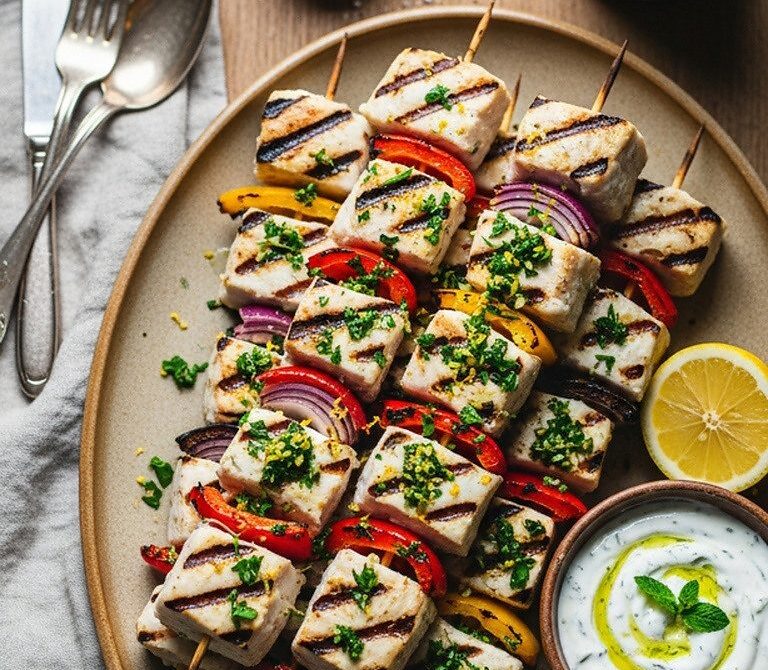 Mediterranean Fish Kebabs With Lemon-Parsley Gremolata and Yogurt Sauce
