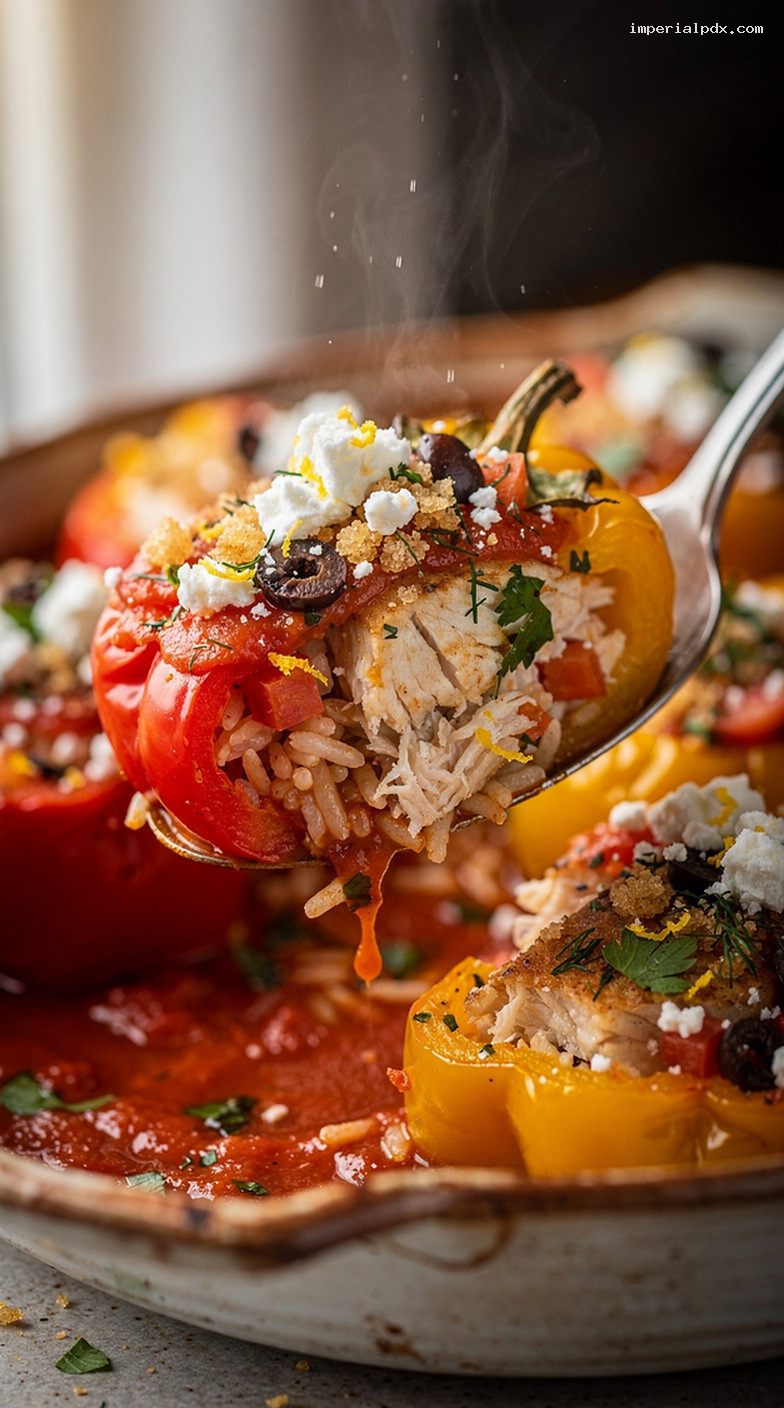 Mediterranean Fish-Stuffed Peppers Baked in Tomato Sauce – Closeup