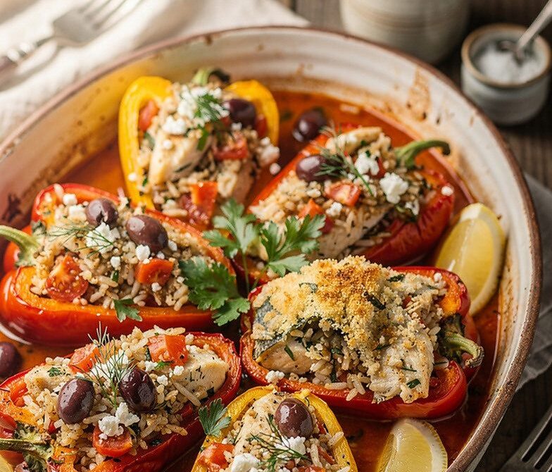 Mediterranean Fish-Stuffed Peppers Baked in Tomato Sauce