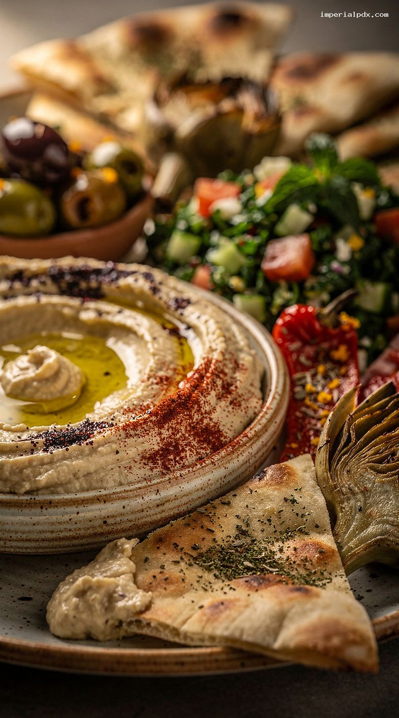 Mediterranean Mezze Platter With Hummus, Baba Ganoush, and Warm Pita – Closeup