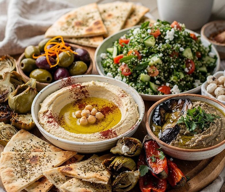 Mediterranean Mezze Platter With Hummus, Baba Ganoush, and Warm Pita