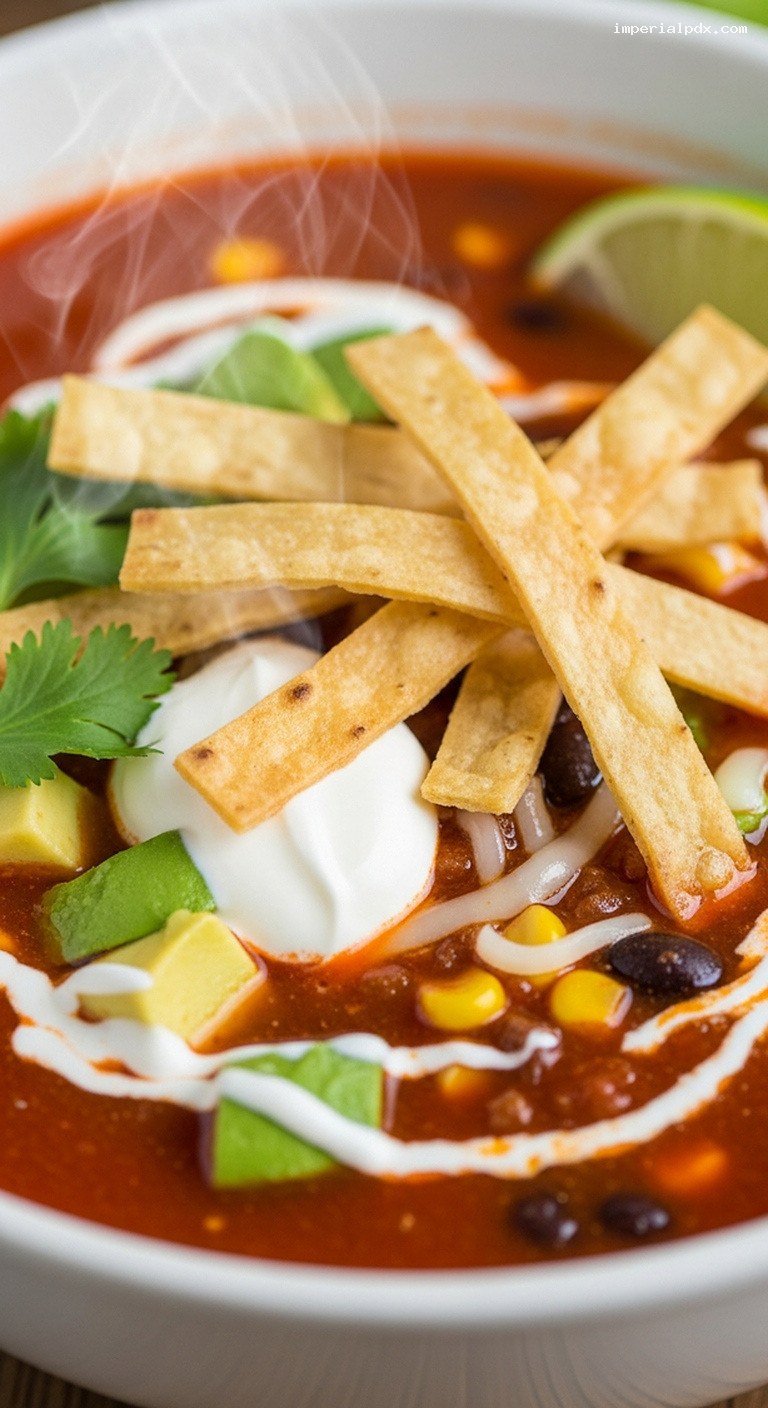 Mexican Beef Tortilla Soup With Crispy Strips – Closeup