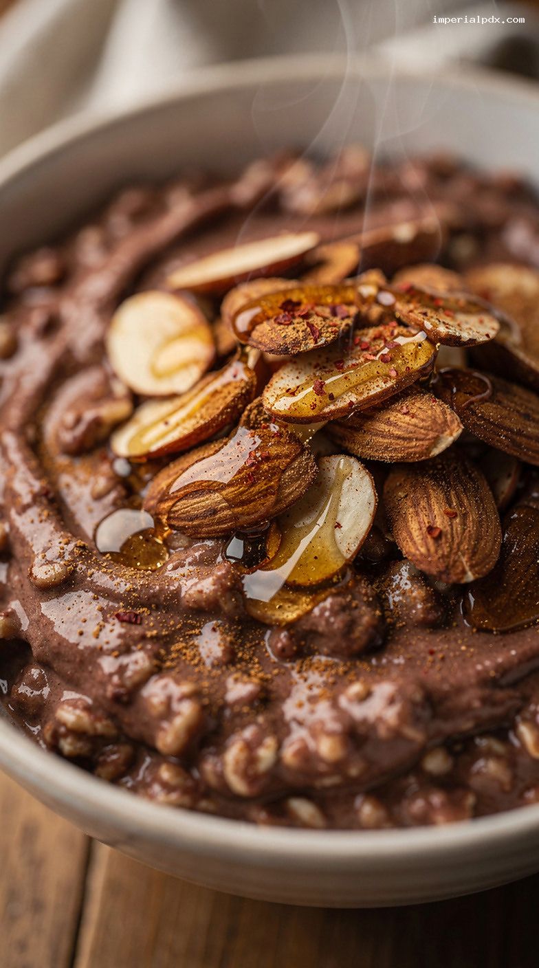 Mexican Hot Chocolate Oatmeal With Toasted Almonds and Honey – Closeup