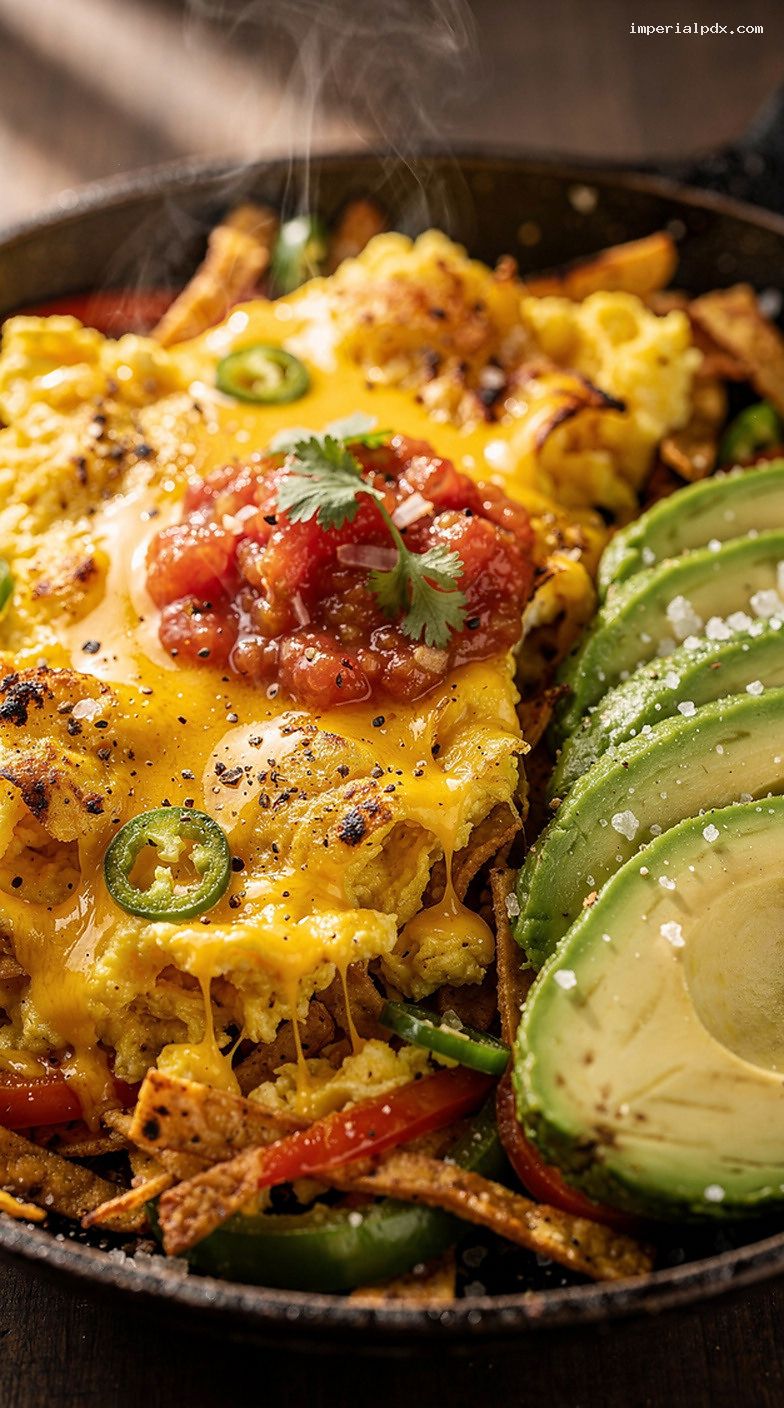 Migas With Crispy Tortilla Strips, Peppers, Onions, and Cheese – Closeup
