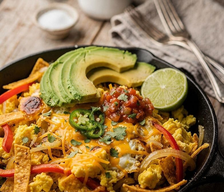 Migas With Crispy Tortilla Strips, Peppers, Onions, and Cheese