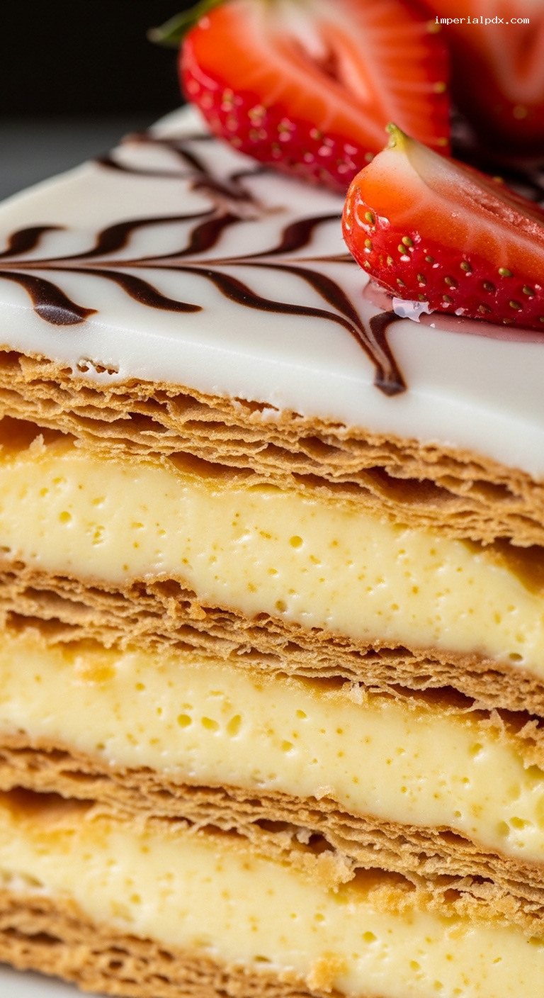Mille-Feuille Napoleon with Vanilla Pastry Cream and Strawberries – Closeup