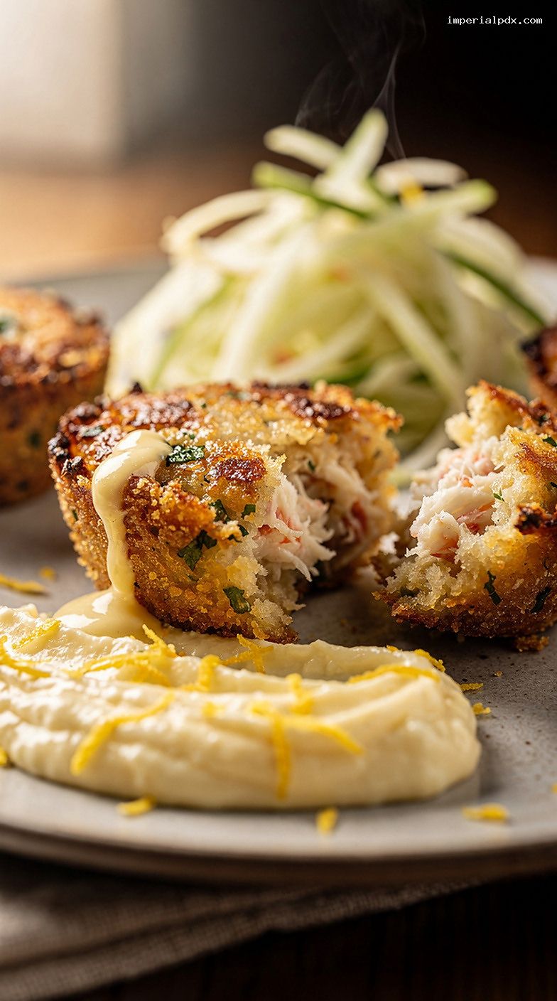 Mini Crab Cakes With Lemon Aioli and Fennel Slaw – Closeup