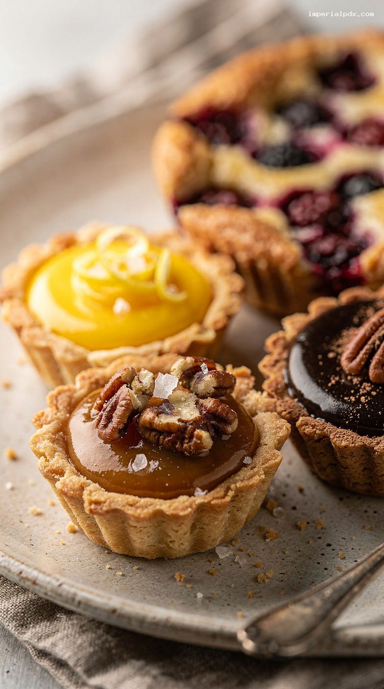 Mini Dessert Tart Assortment With Lemon, Chocolate, Berry, and Caramel – Closeup