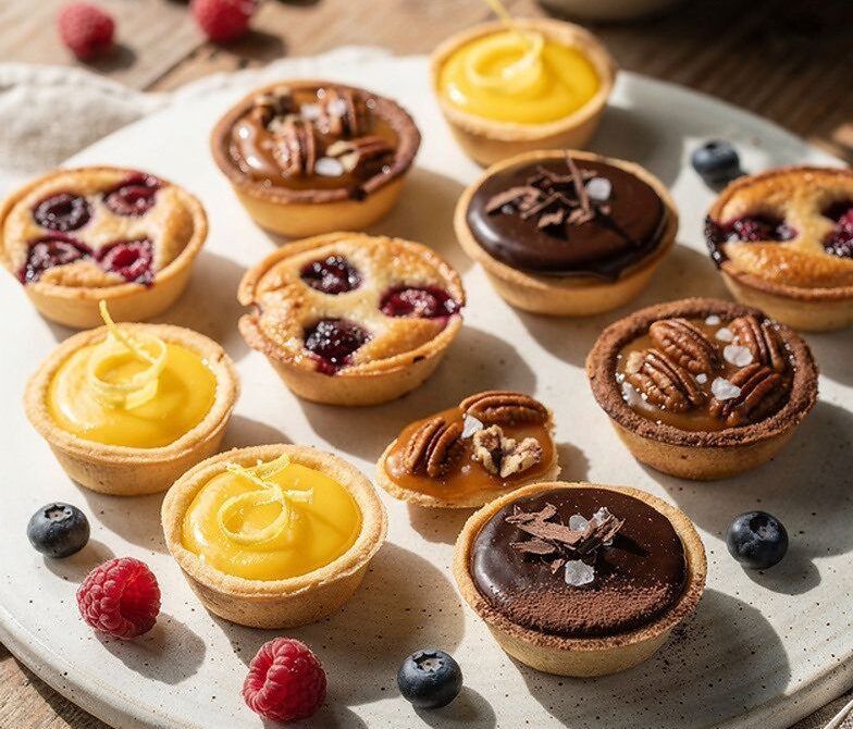 Mini Dessert Tart Assortment With Lemon, Chocolate, Berry, and Caramel