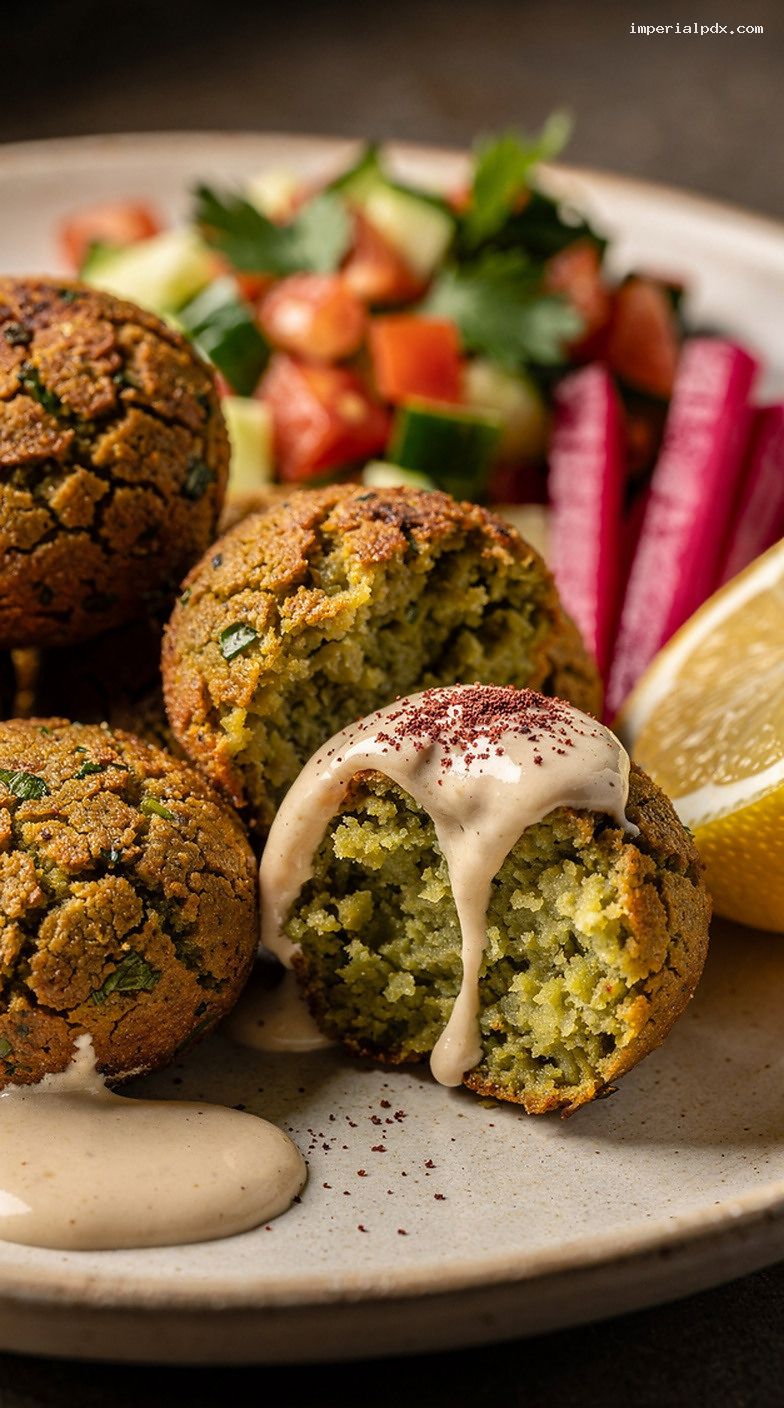 Mini Falafel Bites With Tahini Drizzle and Fresh Salad – Closeup