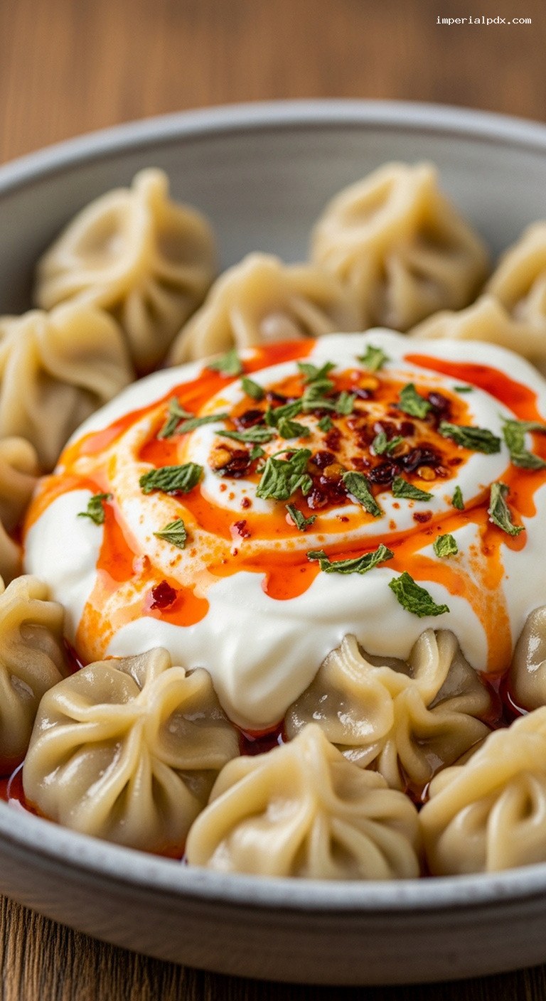 Mini Manti Dumpling Bowls with Garlic Yogurt and Paprika Butter – Closeup