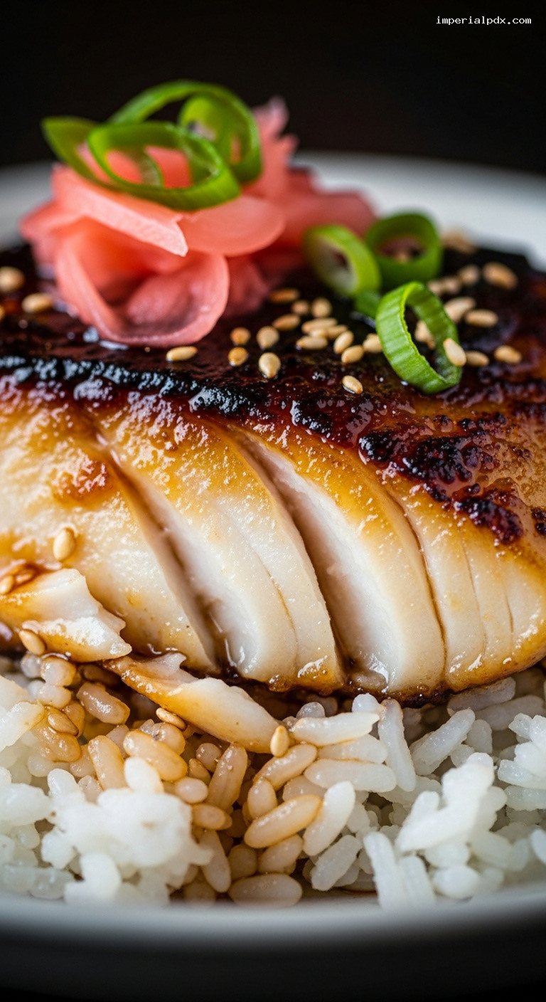 Miso-Glazed Black Cod (Gindara) with Steamed Rice – Closeup