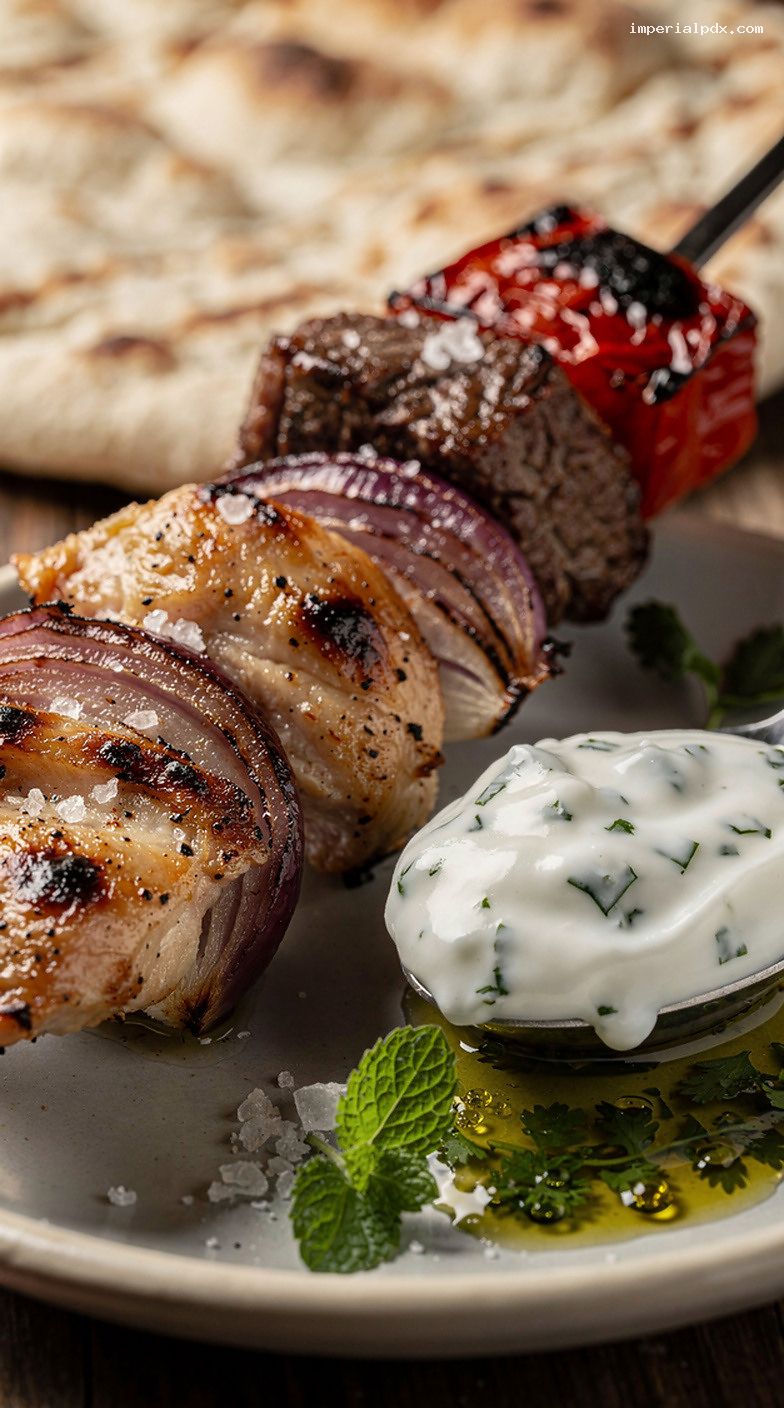 Mixed Meat BBQ Kebab Platter With Flatbreads and Herby Sauces – Closeup