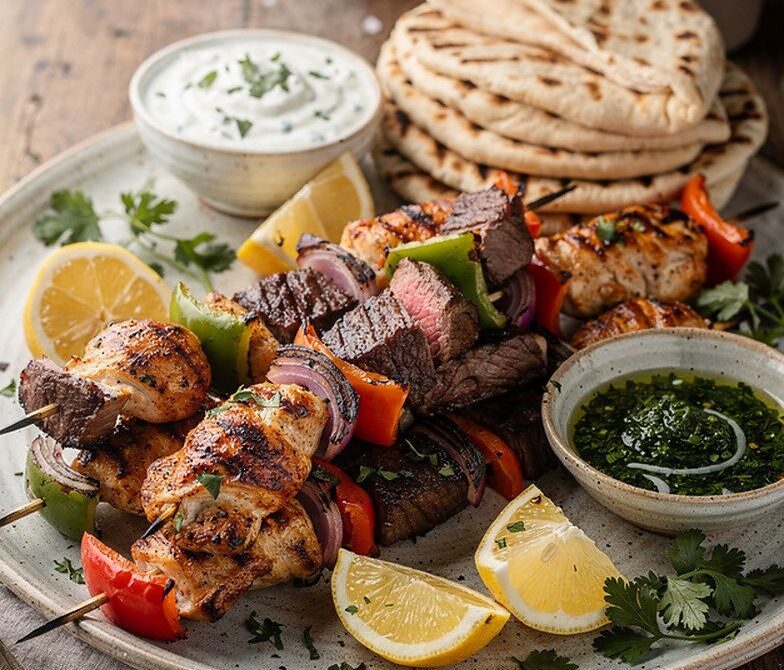 Mixed Meat BBQ Kebab Platter With Flatbreads and Herby Sauces