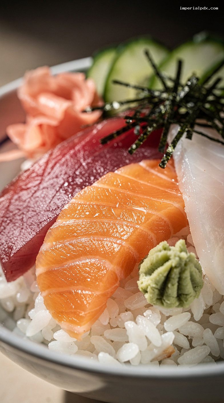 Mixed Sashimi Chirashi Sushi Bowl With Seasoned Rice – Closeup
