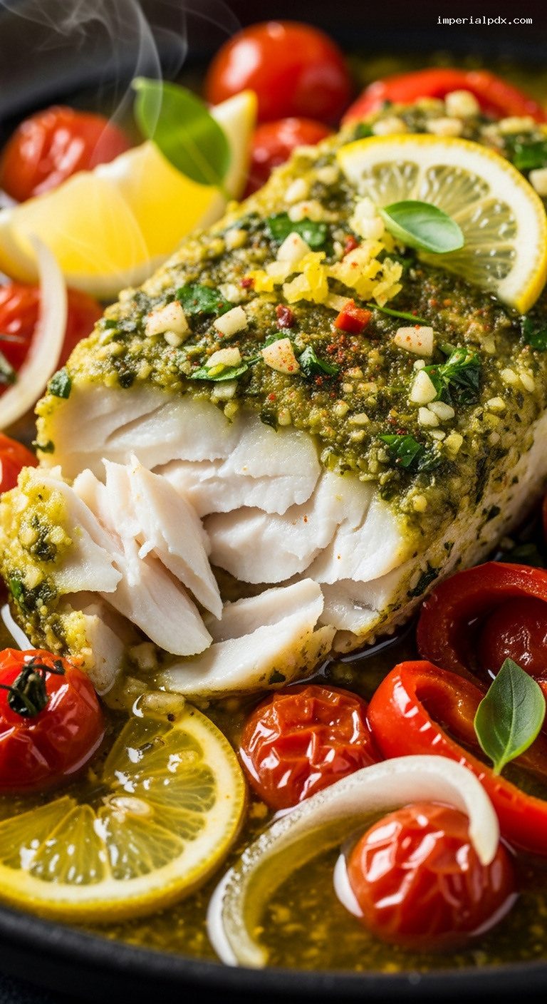 Moroccan Chermoula Baked Fish with Tomatoes and Peppers – Closeup
