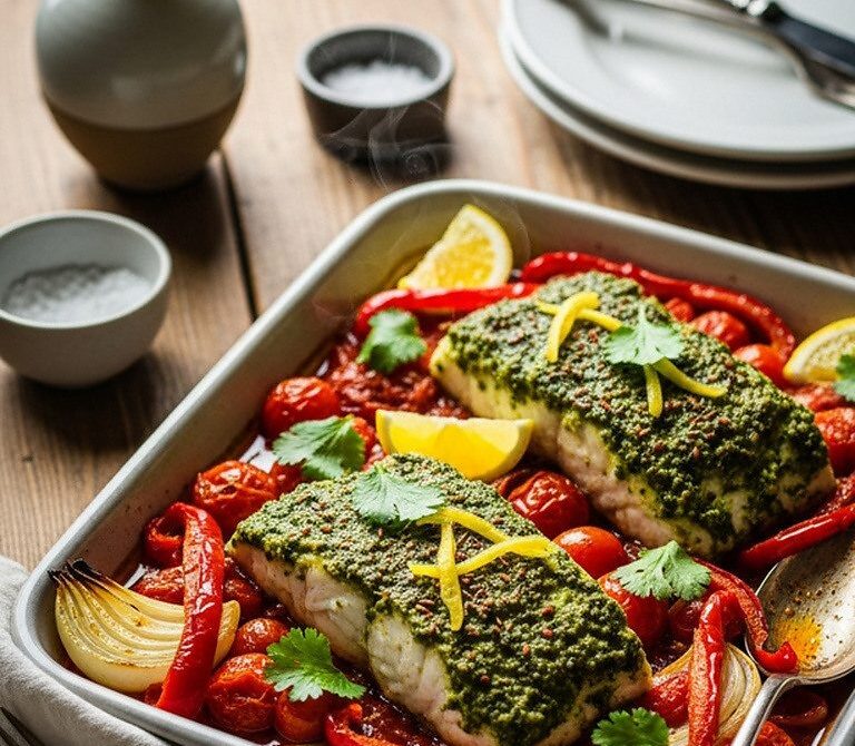 Moroccan Chermoula Baked Fish with Tomatoes and Peppers